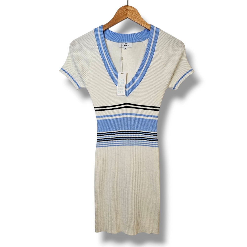 Frankies Bikinis Dress S White Uptown Knit Mini Ribbed Blue Stripe Preppy Luxury
